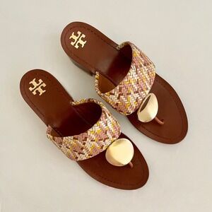 TORY BURCH Patos Gold Disk Woven Napa Leather Uppers Chunky Block Heels 9 1/2